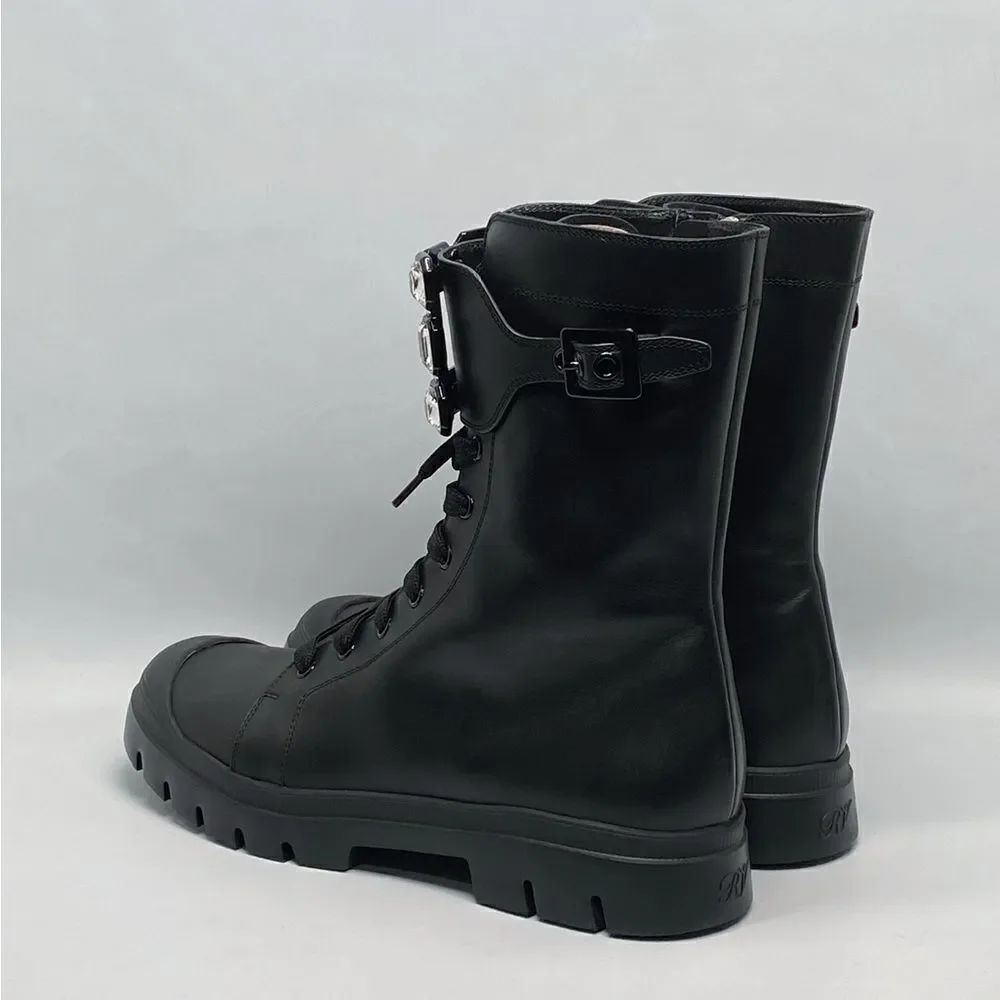 Roger Vivier Walkyviv Calfskin Crystal-Buckle Mid Boots size 41.5 - Picture 6 of 15